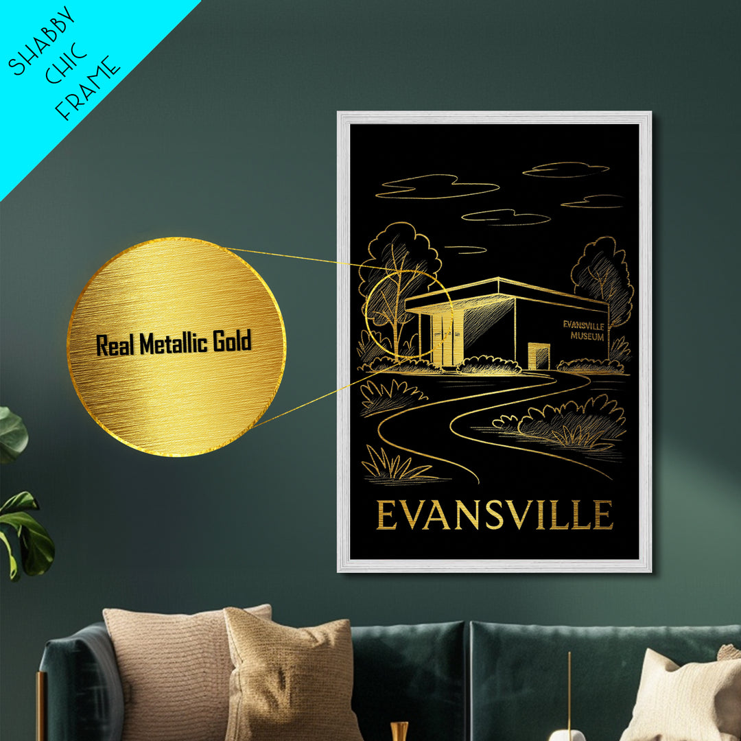Evansville Indiana art, Metallic Gold Art, Housewarming Gift, Metal Art, Wood Framed Art, Newlywed Travel Gift, Honeymoon Gift