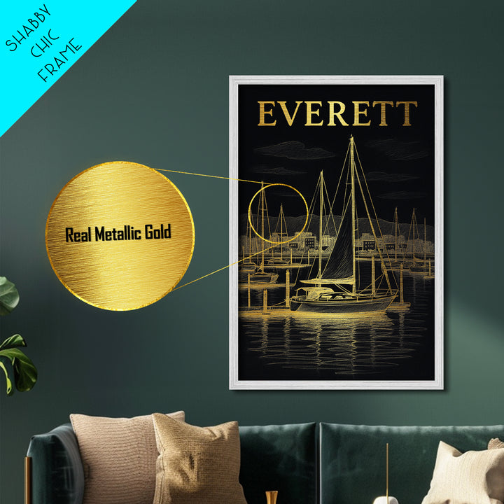 Everett Washington travel, Metallic Gold Print, Closing Gift, Metal Art, Wood Framed Art, Anniversary Travel Gift, Retirement Travel Gift