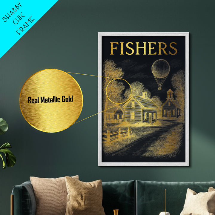 Fishers Indiana travel, Metallic Gold Print, Closing Gift, Metal Art, Wood Framed Art, Anniversary Travel Gift, Retirement Travel Gift