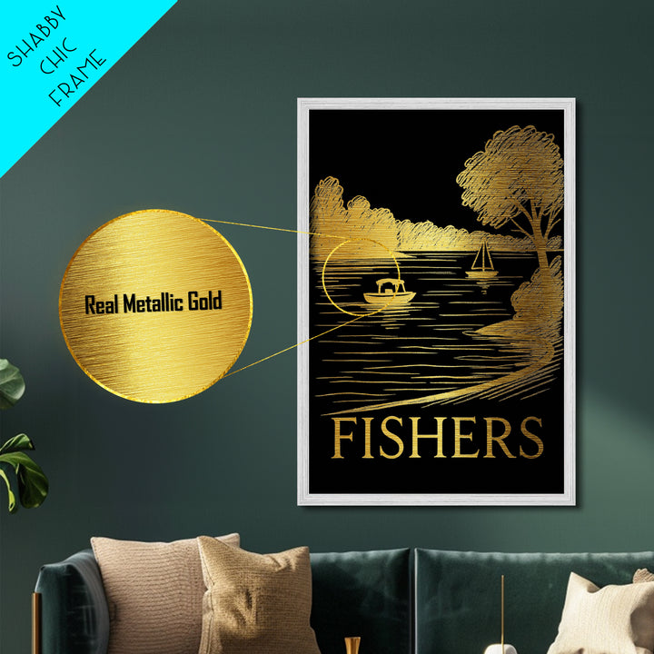 Fishers Indiana art, Metallic Gold Art, Office Decor, Metal Art, Wood Framed Art, Graduation Travel Gift, Destination Gift