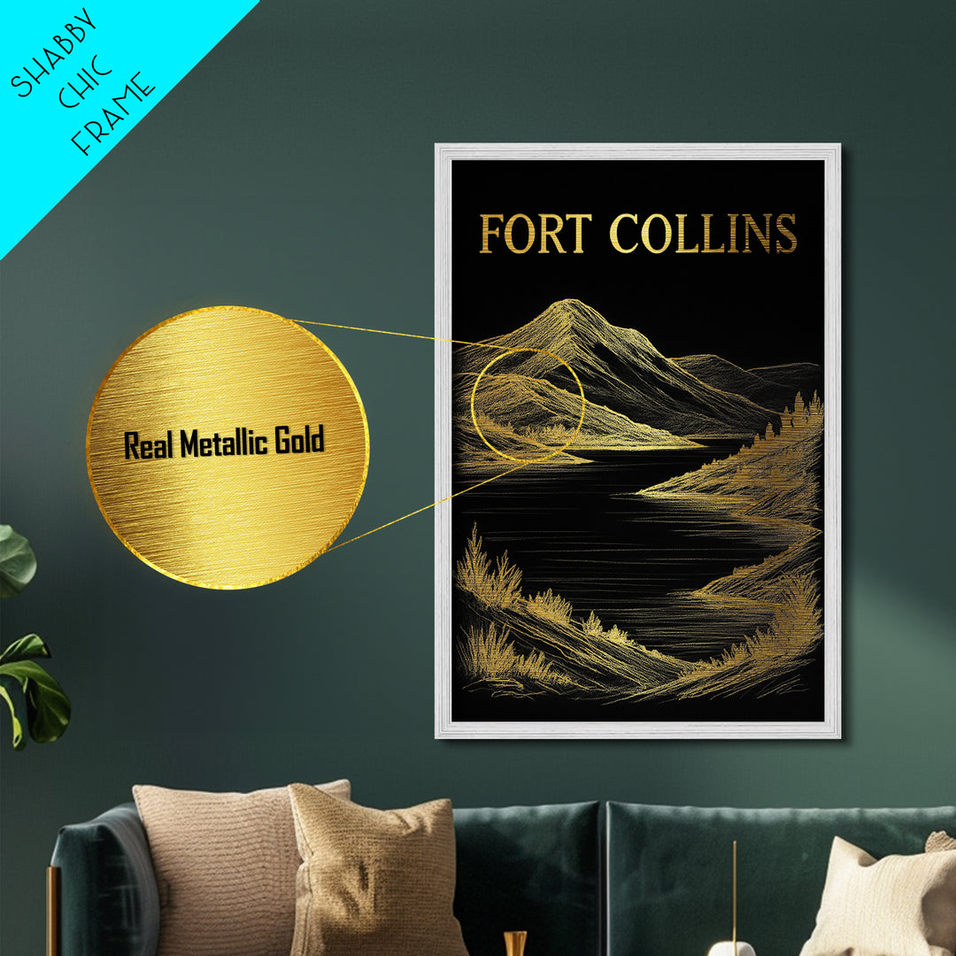 Fort Collins Colorado travel, Metallic Gold Print, Modern House Art, Metal Art, Wood Framed Art, Traveler Gift, Destination Gift