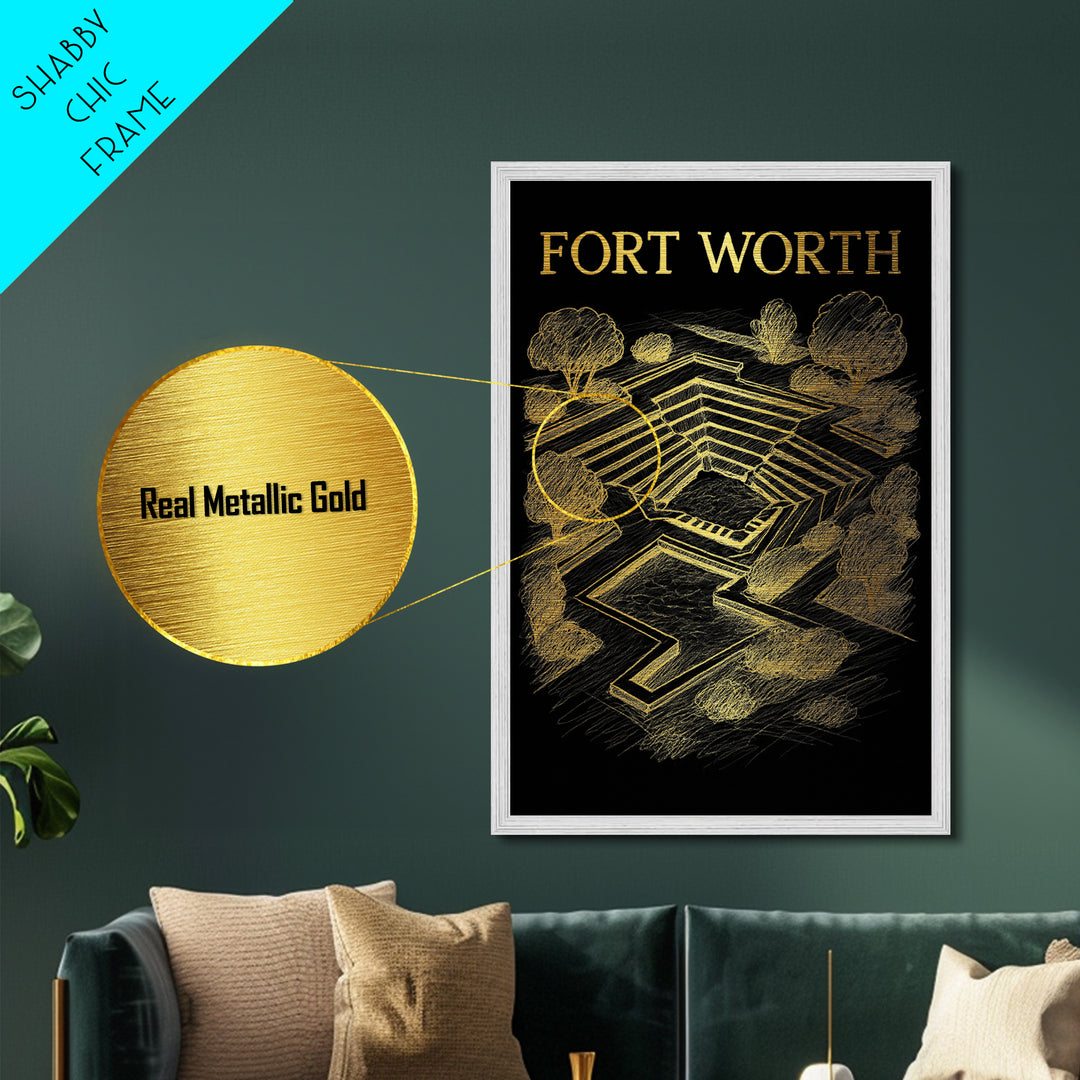 Fort Worth Texas travel, Metallic Gold Print, Closing Gift, Metal Art, Wood Framed Art, Anniversary Travel Gift
