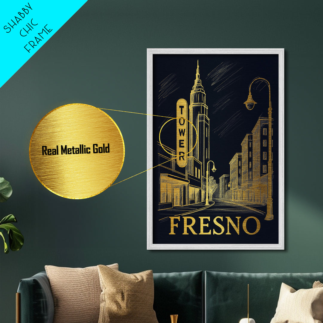 Fresno California art, Metallic Gold Art, Modern House Art, Metal Art, Wood Framed Art, Graduation Travel Gift