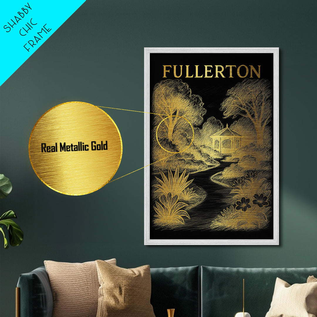 Fullerton California travel, Metallic Gold Print, Modern Skyline Wall Print, Metal Art, Wood Framed Art, Adventure Lover Gift