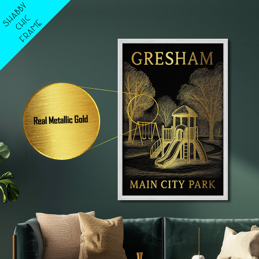 Gresham Oregon travel, Metallic Gold Print, Modern Skyline Wall Print, Metal Art, Wood Framed Art, Adventure Lover Gift, Travel Gift