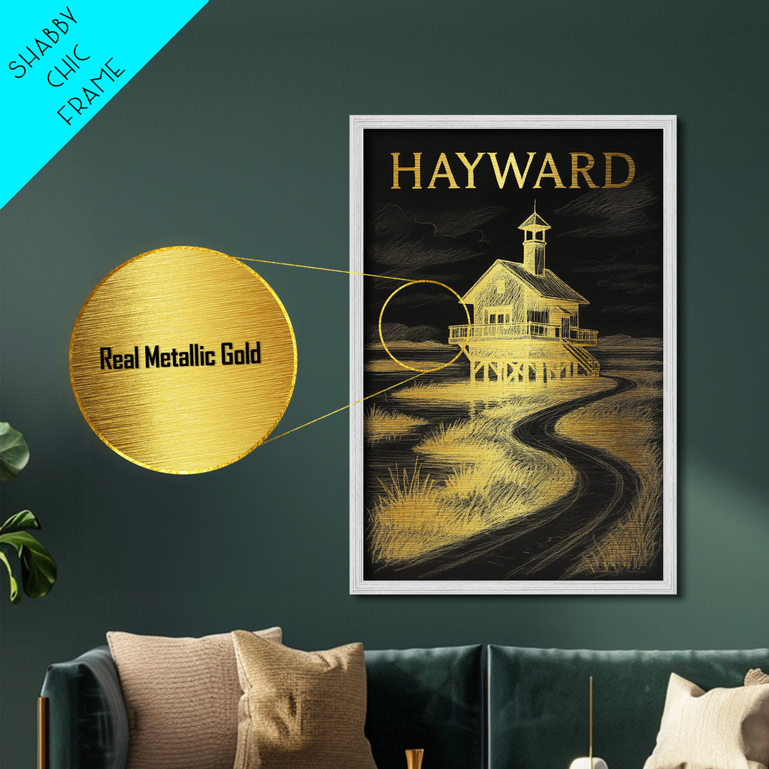Hayward California travel, Metallic Gold Print, Modern House Art, Metal Art, Wood Framed Art, Traveler Gift, Destination Gift