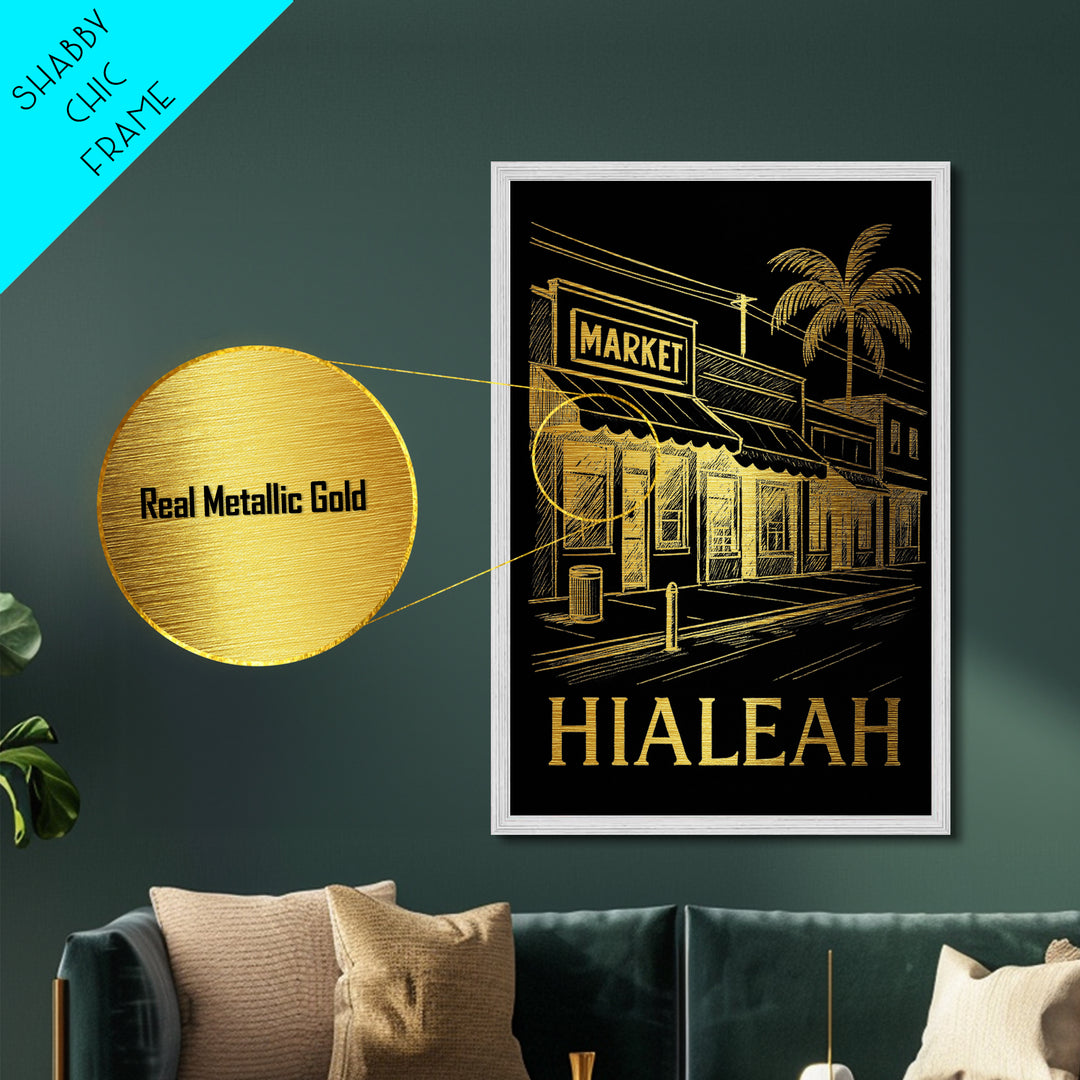 Hialeah Florida art, Metallic Gold Art, Office Decor, Metal Art, Wood Framed Art, Graduation Travel Gift, Destination Gift