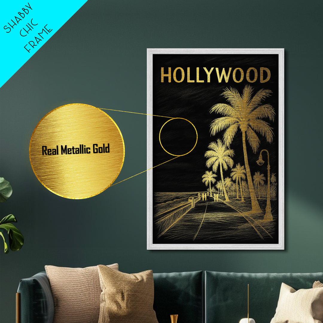 Hollywood Florida travel, Metallic Gold Print, College Dorm Décor, Metal Art, Wood Framed Art, Graduation Travel Gift, Traveler Gift