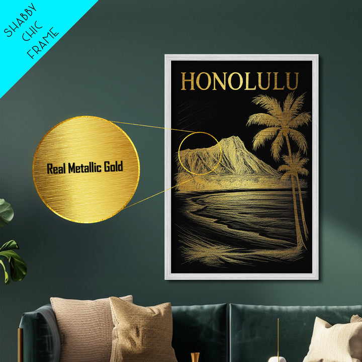 Honolulu Hawaii travel, Metallic Gold Print, Modern Skyline Wall Print, Metal Art, Wood Framed Art, Adventure Lover Gift, Travel Gift