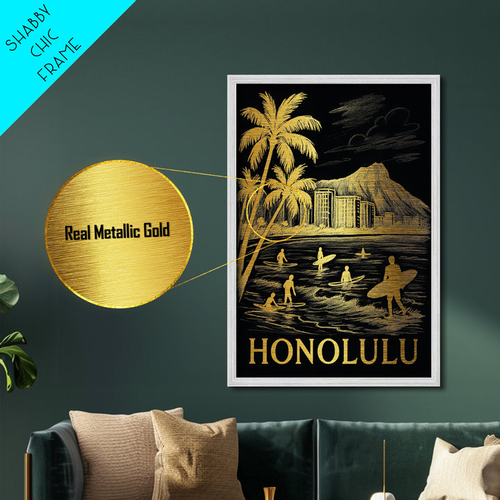 Honolulu Hawaii art, Metallic Gold Art, Housewarming Gift, Metal Art, Wood Framed Art, Newlywed Travel Gift, Honeymoon Gift