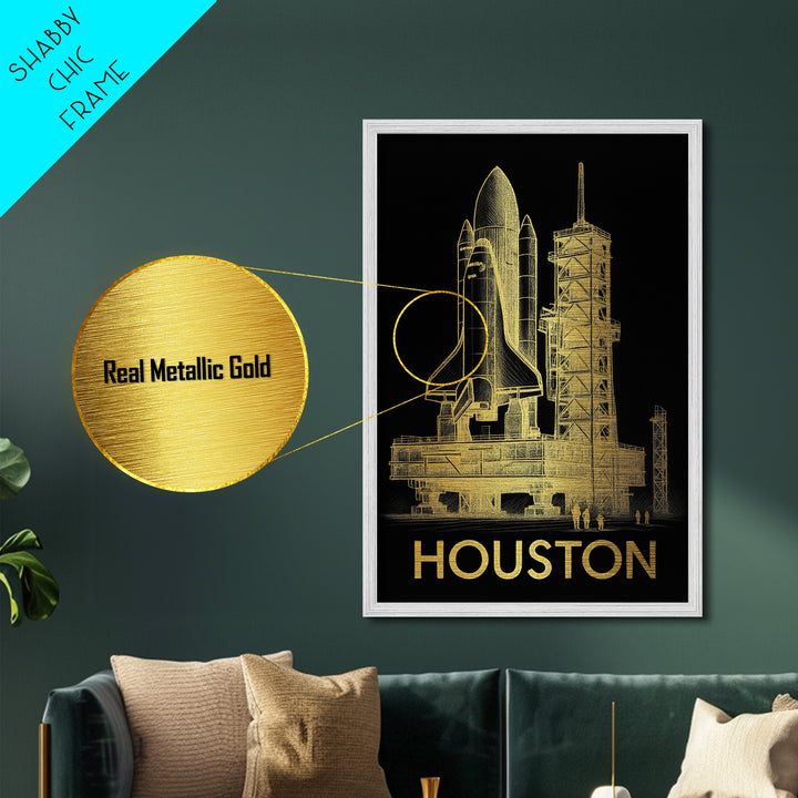 Houston Texas travel, Metallic Gold Print, Closing Gift, Metal Art, Wood Framed Art, Anniversary Travel Gift, Retirement Travel Gift