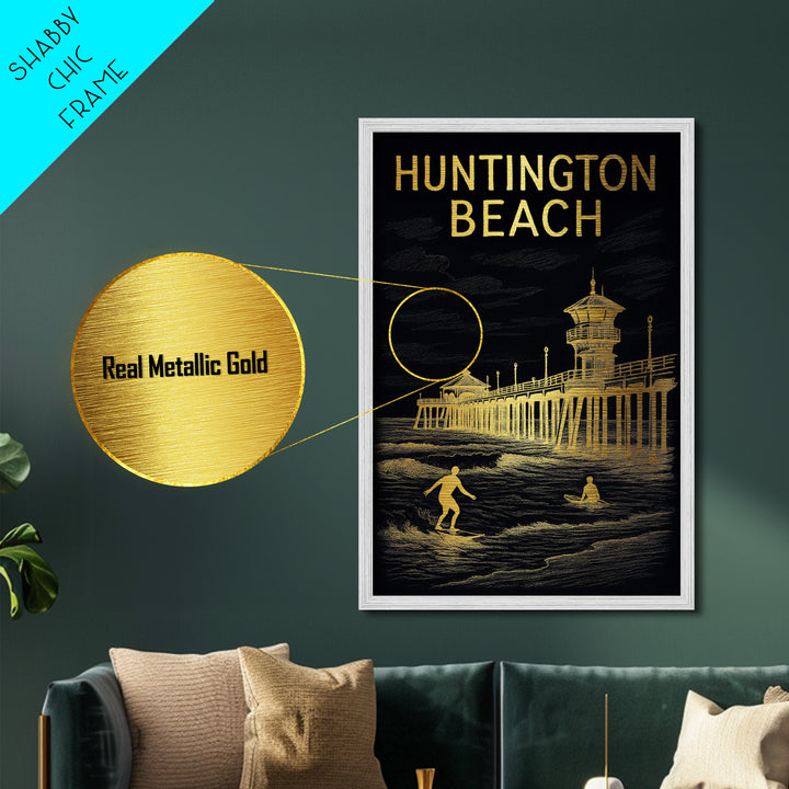 Huntington Beach California travel, Metallic Gold Print, Modern House Art, Metal Art, Wood Framed Art, Wanderlust Gift, Travel Art Prints