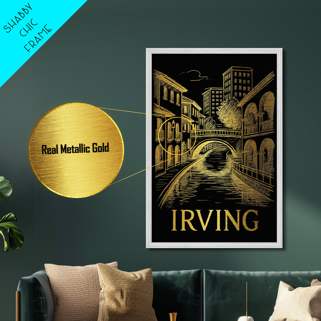 Irving Texas art, Metallic Gold Art, Housewarming Gift, Metal Art, Wood Framed Art, Newlywed Travel Gift, Honeymoon Gift