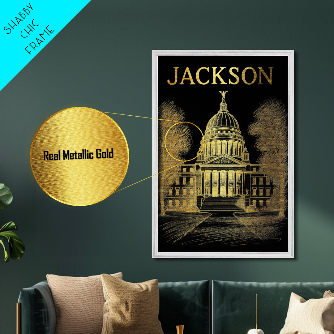 Jackson Mississippi travel, Metallic Gold Print, Closing Gift, Metal Art, Wood Framed Art, Anniversary Travel Gift, Retirement Travel Gift