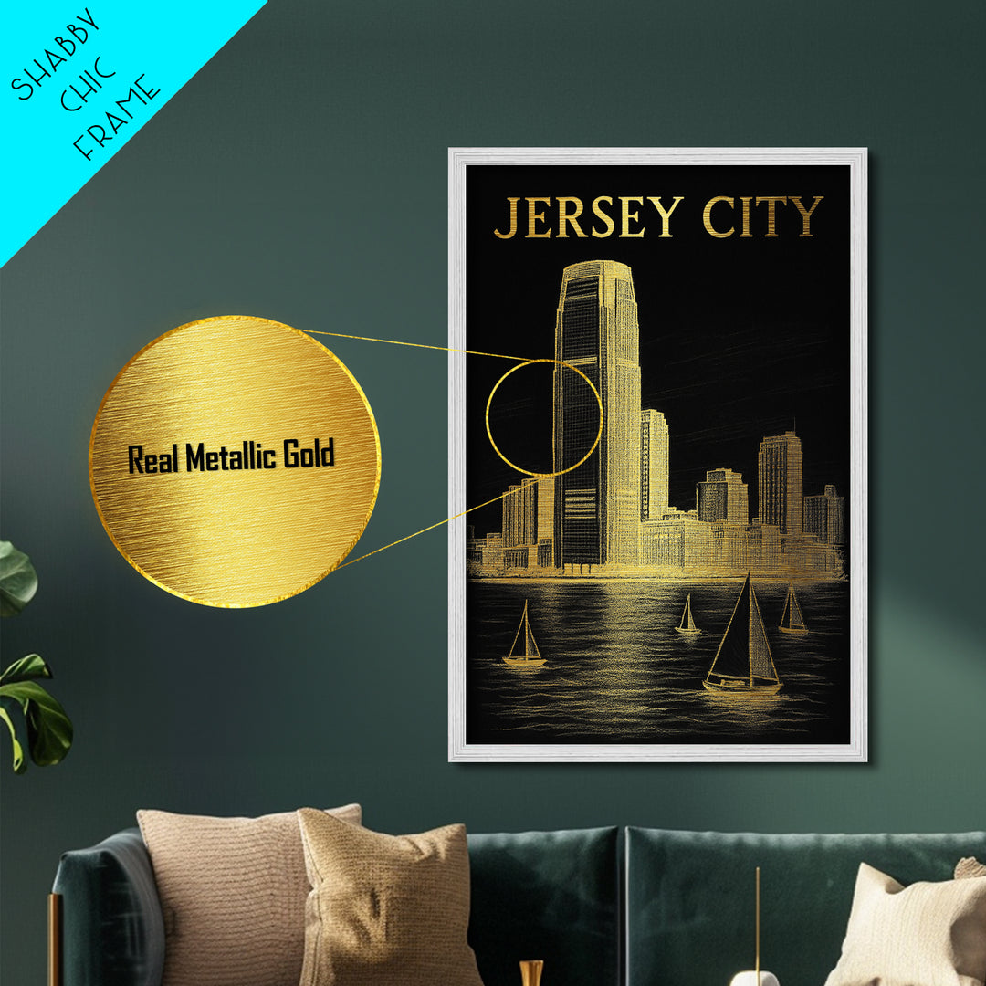 Jersey City New Jersey travel, Metallic Gold Print, Modern House Art, Metal Art, Wood Framed Art, Traveler Gift, Destination Gift