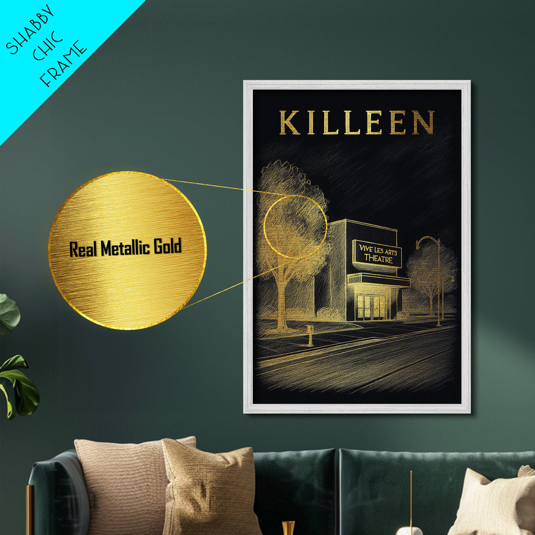 Killeen Texas travel, Metallic Gold Print, College Dorm Décor, Metal Art, Wood Framed Art, Graduation Travel Gift, Traveler Gift