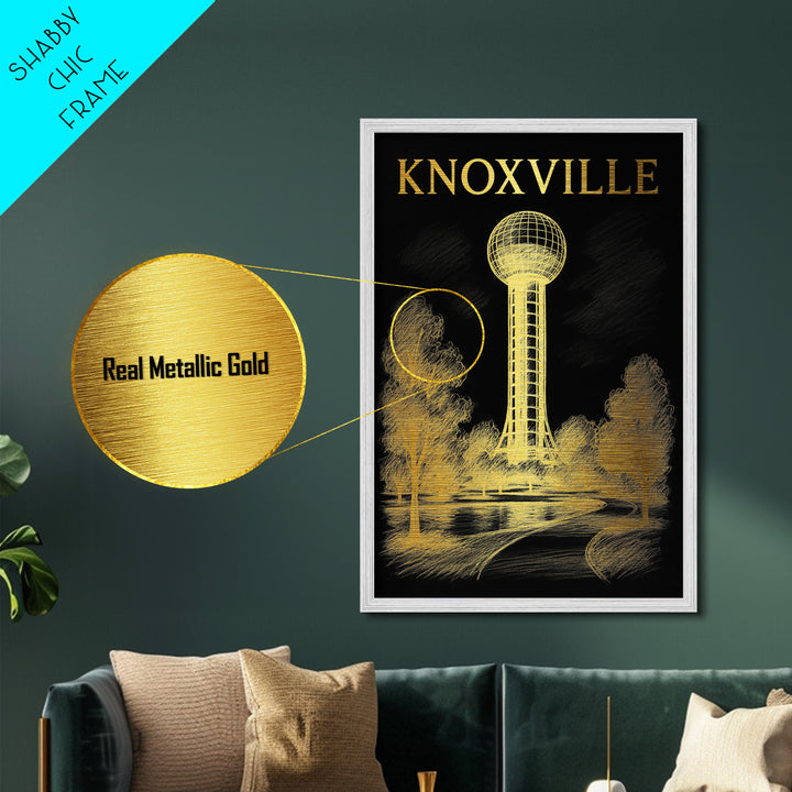 Knoxville Tennessee travel, Metallic Gold Print, Modern Skyline Wall Print, Metal Art, Wood Framed Art, Adventure Lover Gift, Travel Gift