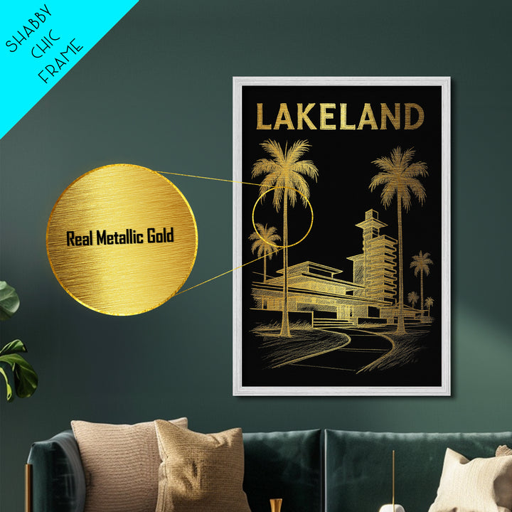 Lakeland Florida travel, Metallic Gold Print, Modern House Art, Metal Art, Wood Framed Art, Wanderlust Gift, Travel Art Prints