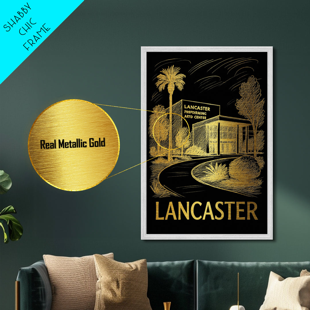 Lancaster California art, Metallic Gold Art, Housewarming Gift, Metal Art, Wood Framed Art, Newlywed Travel Gift, Honeymoon Gift