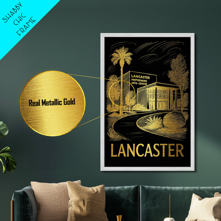 Lancaster California art, Metallic Gold Art, Housewarming Gift, Metal Art, Wood Framed Art, Newlywed Travel Gift, Honeymoon Gift