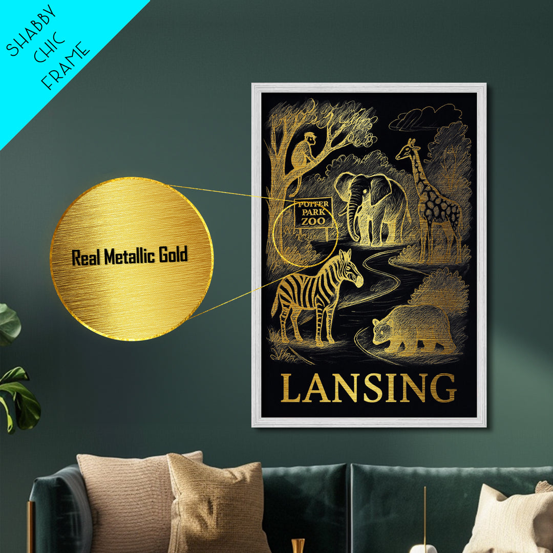 Lansing Michigan art, Metallic Gold Art, Office Decor, Metal Art, Wood Framed Art, Graduation Travel Gift, Destination Gift