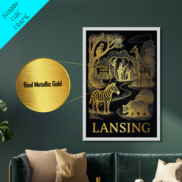 Lansing Michigan art, Metallic Gold Art, Office Decor, Metal Art, Wood Framed Art, Graduation Travel Gift, Destination Gift