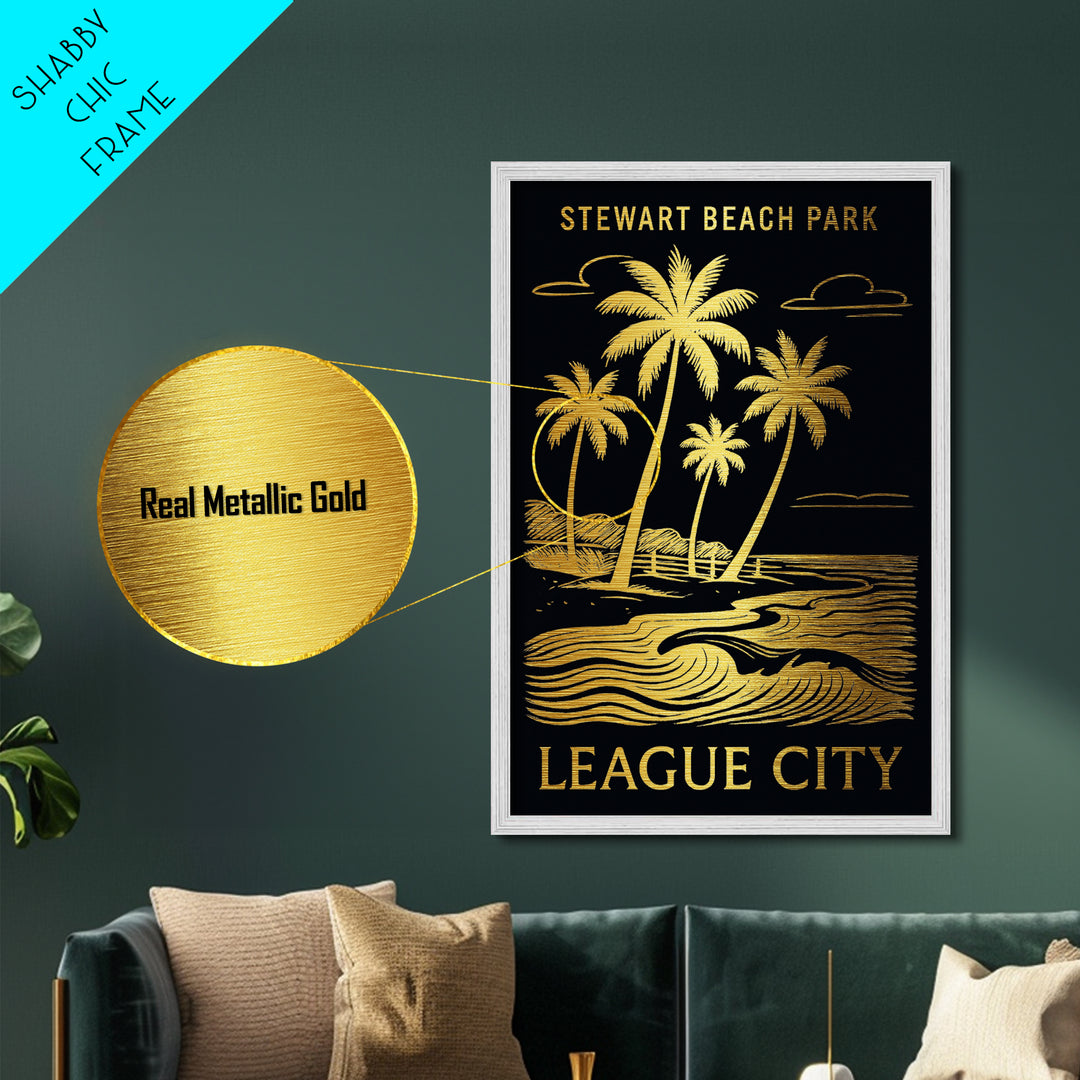 League City Texas art, Metallic Gold Art, Office Decor, Metal Art, Wood Framed Art, Graduation Travel Gift, Destination Gift