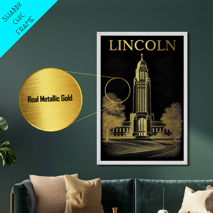 Lincoln Nebraska travel, Metallic Gold Print, Modern Skyline Wall Print, Metal Art, Wood Framed Art, Adventure Lover Gift, Travel Gift