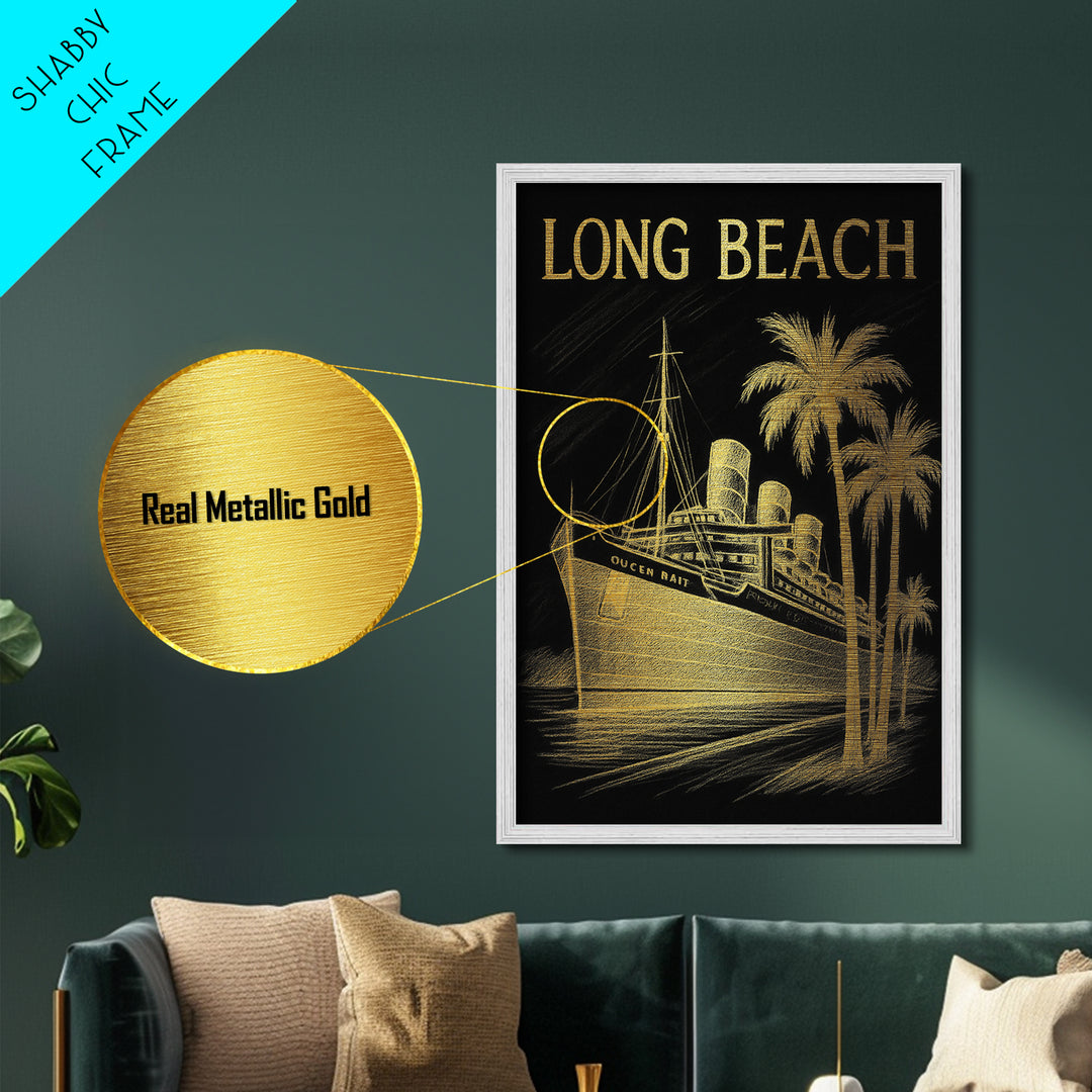 Long Beach California travel, Metallic Gold Print, Modern House Art, Metal Art, Wood Framed Art, Traveler Gift, Destination Gift