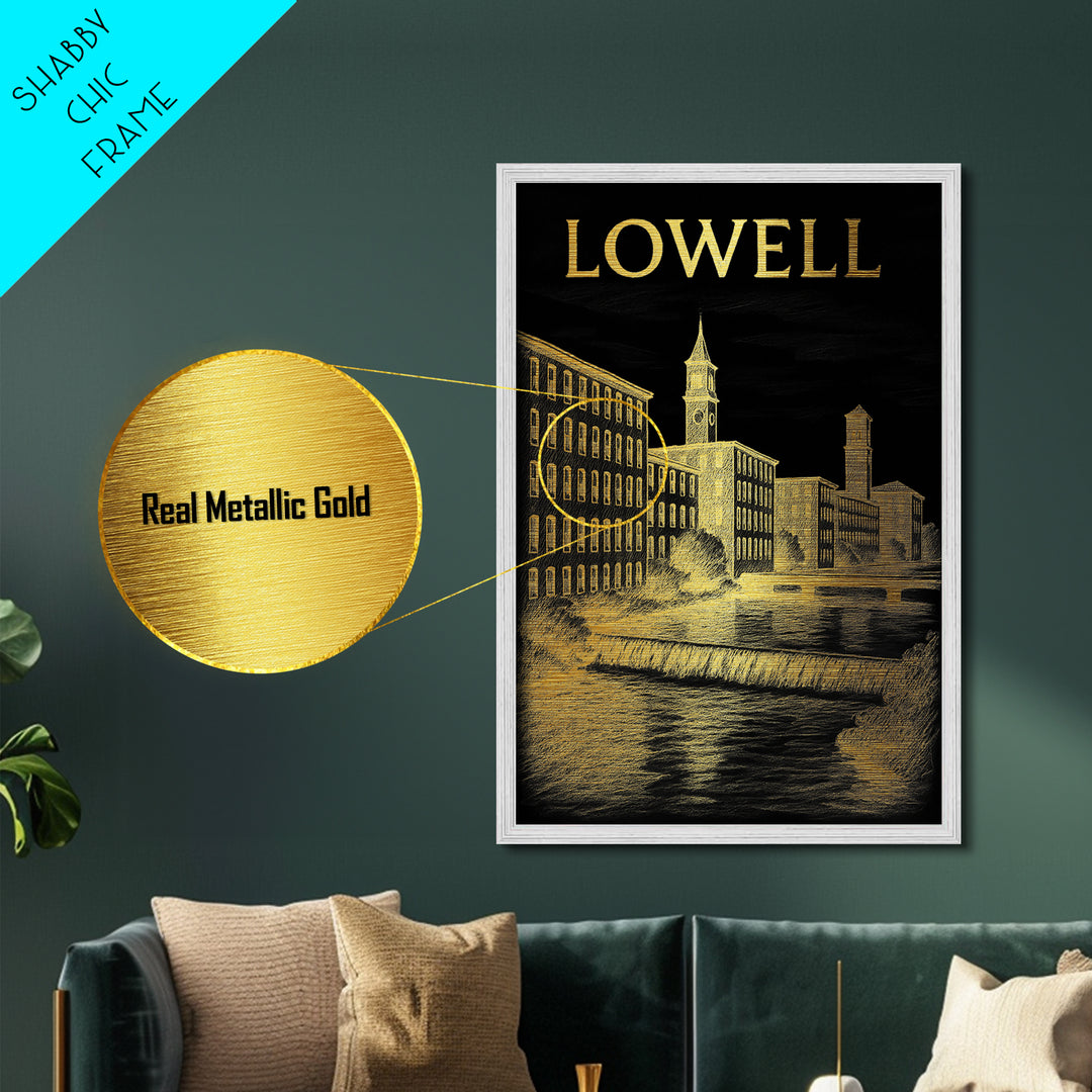 Lowell Massachusetts art, Metallic Gold Art, Modern House Art, Metal Art, Wood Framed Art, Graduation Travel Gift