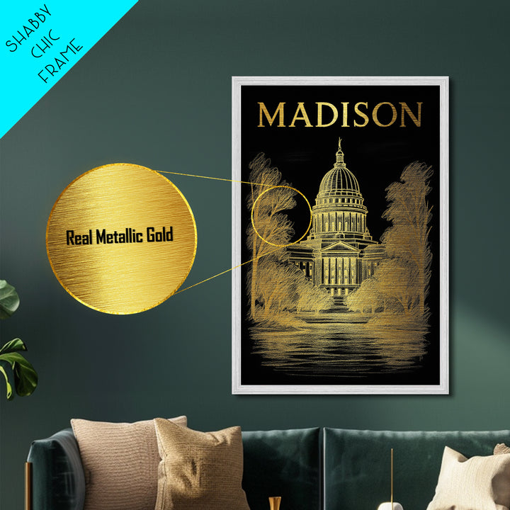 Madison Wisconsin travel, Metallic Gold Print, Modern House Art, Metal Art, Wood Framed Art, Wanderlust Gift