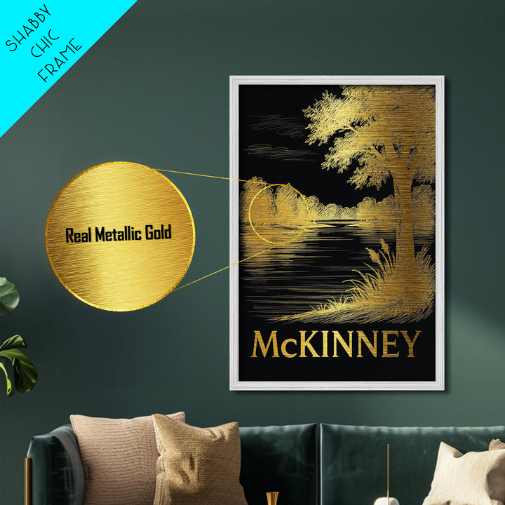 McKinney Texas art, Metallic Gold Art, Housewarming Gift, Metal Art, Wood Framed Art, Newlywed Travel Gift