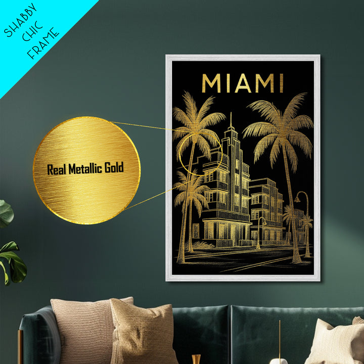 Miami Florida travel, Metallic Gold Print, Closing Gift, Metal Art, Wood Framed Art, Anniversary Travel Gift