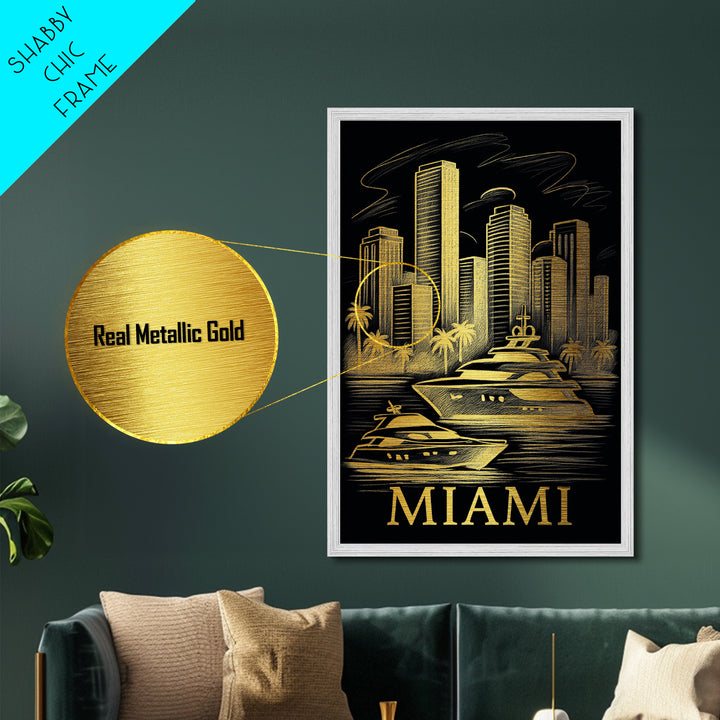 Miami Florida art, Metallic Gold Art, Office Decor, Metal Art, Wood Framed Art, Graduation Travel Gift