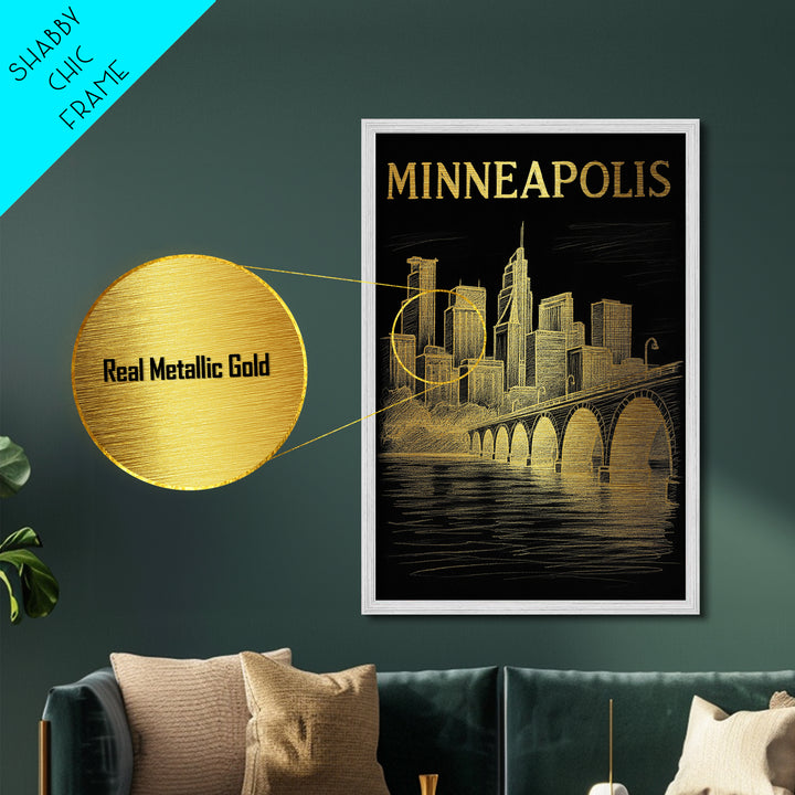 Minneapolis Minnesota travel, Metallic Gold Print, Modern Skyline Wall Print, Metal Art, Wood Framed Art, Adventure Lover Gift