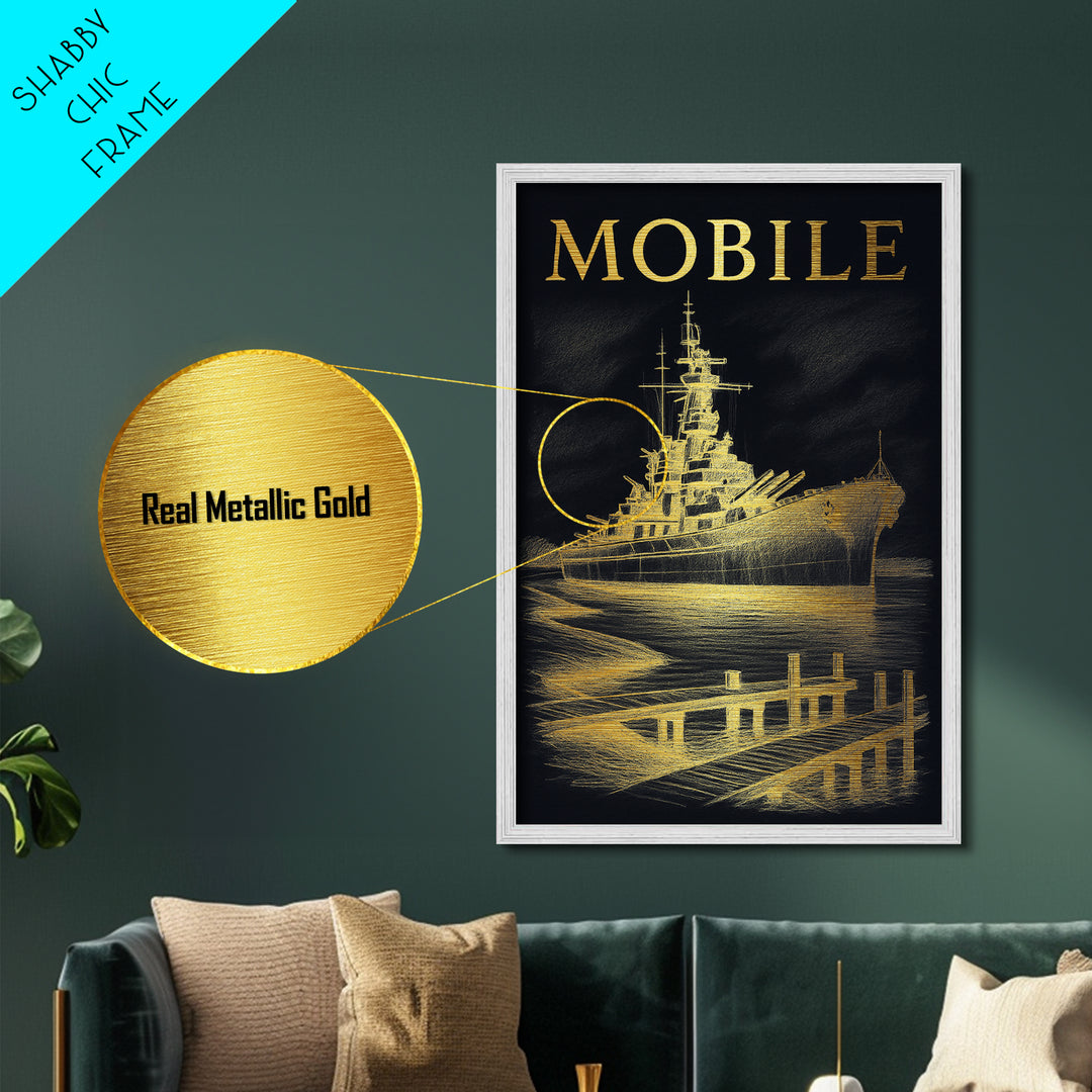 Mobile Alabama travel, Metallic Gold Print, Modern House Art, Metal Art, Wood Framed Art, Wanderlust Gift