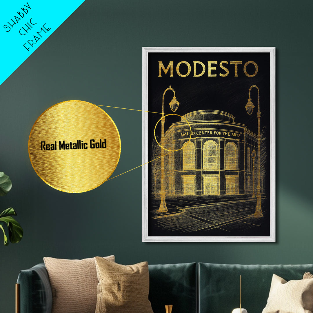 Modesto California travel, Metallic Gold Print, Modern House Art, Metal Art, Wood Framed Art, Traveler Gift