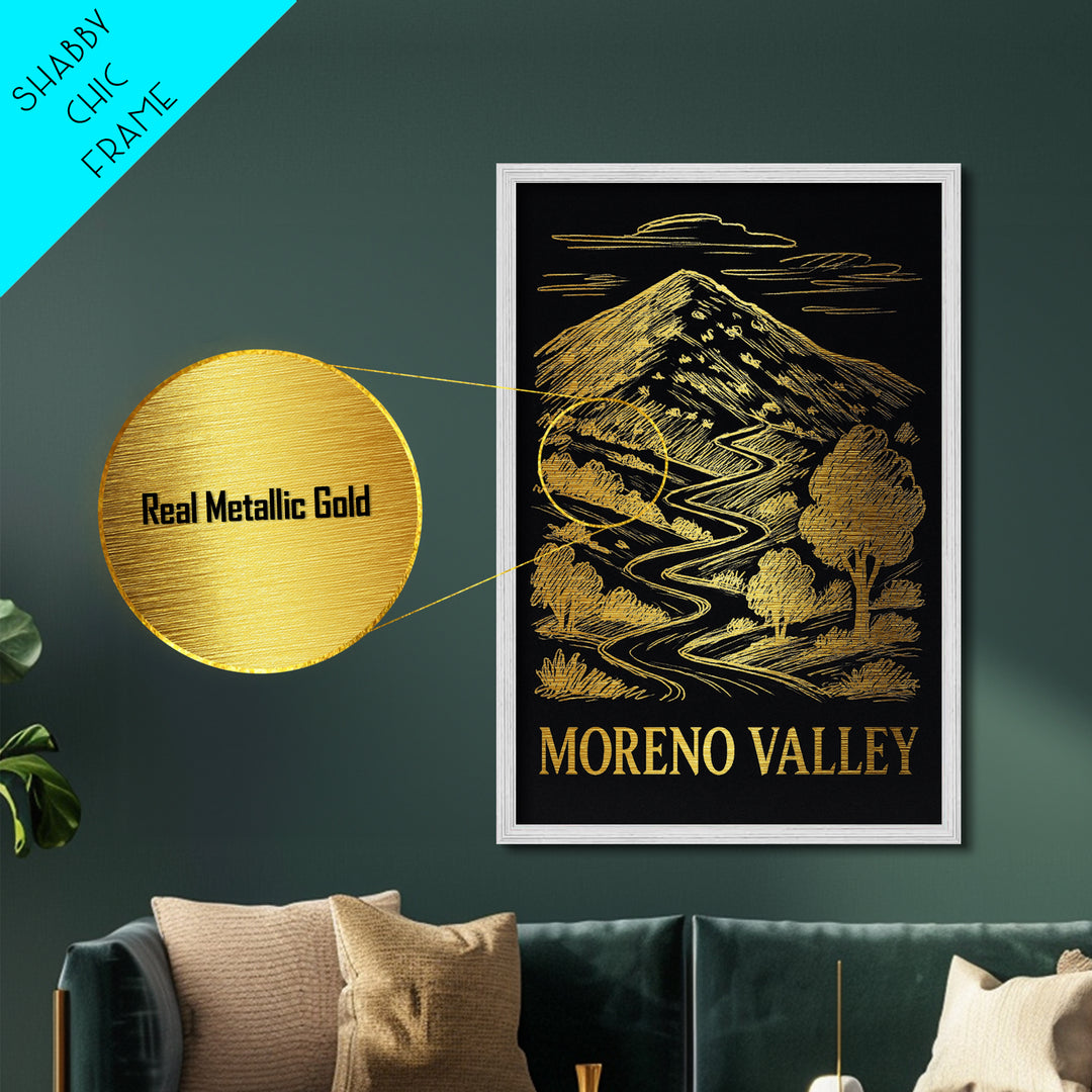 Moreno Valley California art, Metallic Gold Art, Housewarming Gift, Metal Art, Wood Framed Art, Newlywed Travel Gift