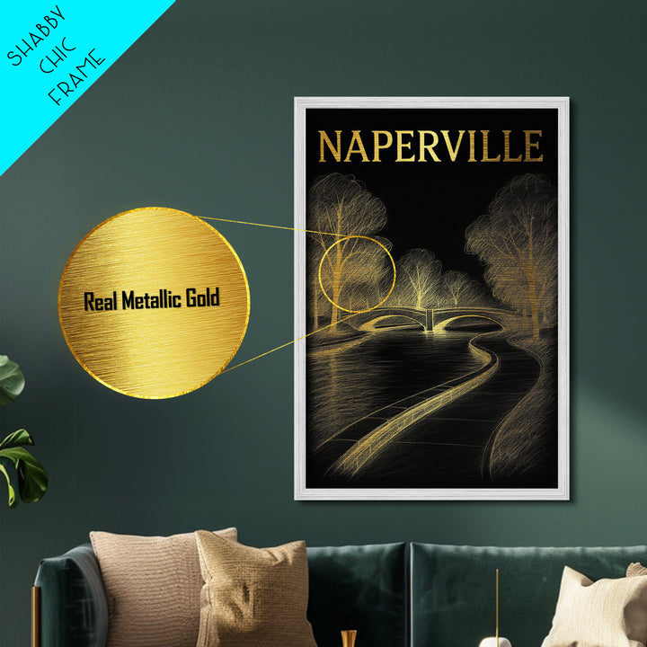 Naperville Illinois travel, Metallic Gold Print, College Dorm Décor, Metal Art, Wood Framed Art, Graduation Travel Gift, Traveler Gift