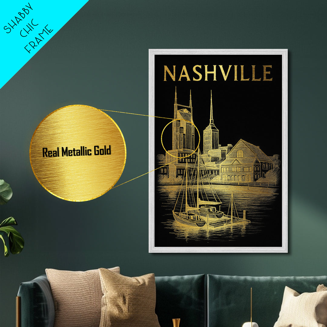 Nashville Tennessee travel, Metallic Gold Print, Modern Skyline Wall Print, Metal Art, Wood Framed Art, Adventure Lover Gift, Travel Gift