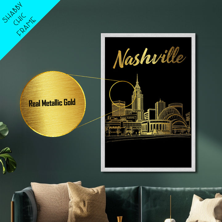 Nashville Tennessee art, Metallic Gold Art, Housewarming Gift, Metal Art, Wood Framed Art, Newlywed Travel Gift, Honeymoon Gift