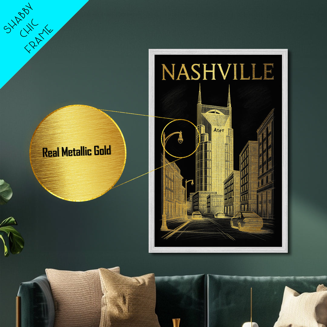 Nashville Tennessee travel, Metallic Gold Print, Closing Gift, Metal Art, Wood Framed Art, Anniversary Travel Gift, Retirement Travel Gift