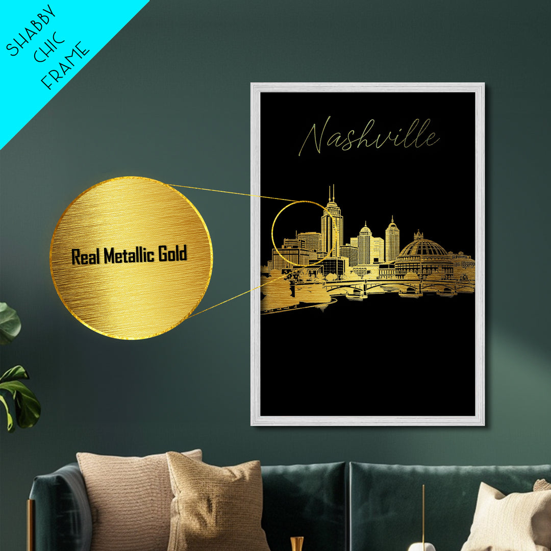Nashville Tennessee art, Metallic Gold Art, Office Decor, Metal Art, Wood Framed Art, Graduation Travel Gift, Destination Gift