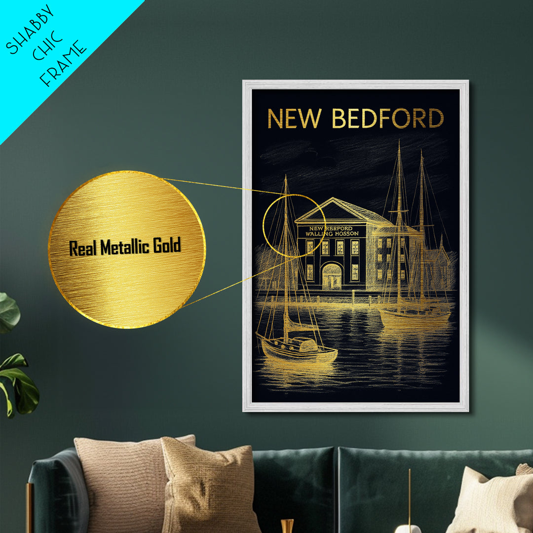 New Bedford Massachusetts art, Metallic Gold Art, Modern House Art, Metal Art, Wood Framed Art, Graduation Travel Gift, Travel Gift