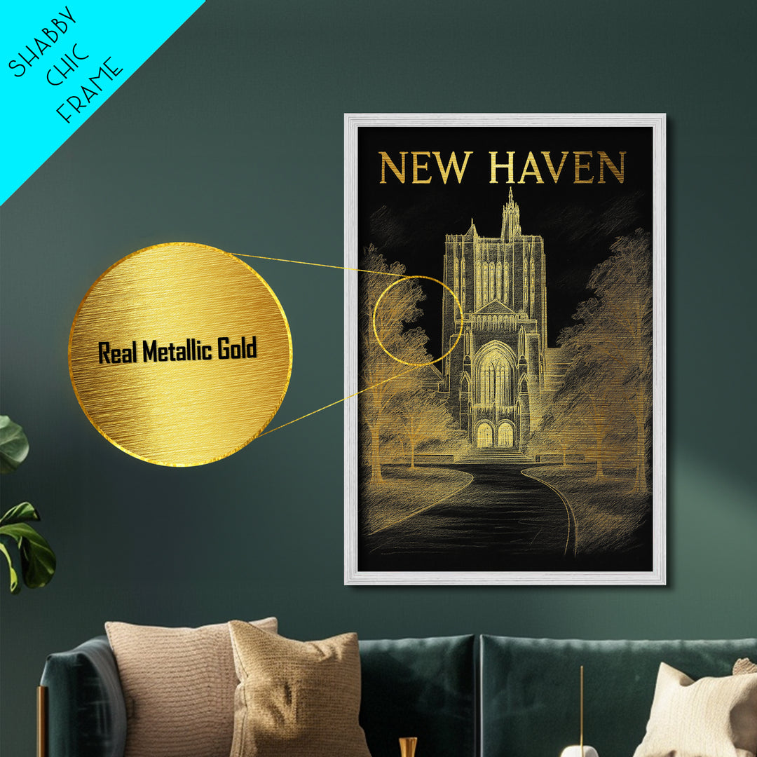 New Haven Connecticut art, Metallic Gold Art, Housewarming Gift, Metal Art, Wood Framed Art, Newlywed Travel Gift, Honeymoon Gift