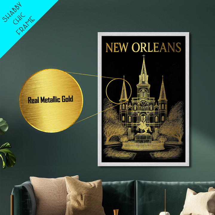 New Orleans Louisiana art, Metallic Gold Art, Office Decor, Metal Art, Wood Framed Art, Graduation Travel Gift, Destination Gift