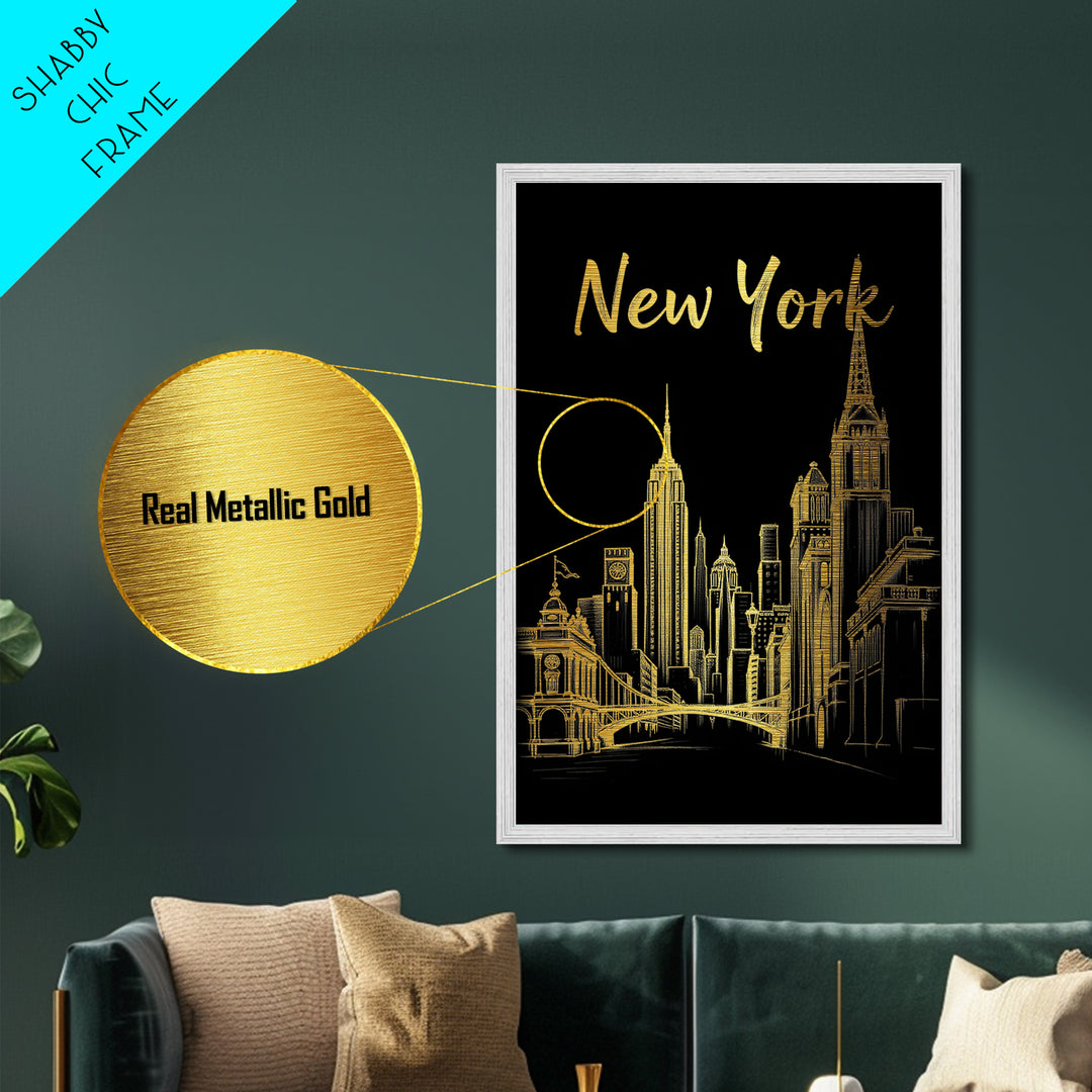 New York New York art, Metallic Gold Art, Housewarming Gift, Metal Art, Wood Framed Art, Newlywed Travel Gift, Honeymoon Gift