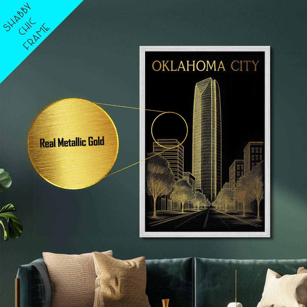Oklahoma City Oklahoma travel, metallic gold, wood framed art, white and gold, Metal Art, Closing Gift, Metallic Gold Print
