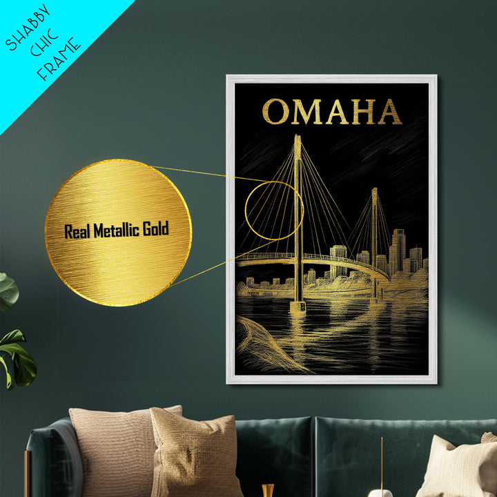 Omaha Nebraska travel, Metallic Gold Print, Modern House Art, Metal Art, Wood Framed Art, Traveler Gift, Destination Gift