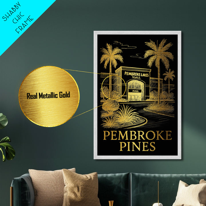Pembroke Pines Florida art, Metallic Gold Art, Housewarming Gift, Metal Art, Wood Framed Art, Newlywed Travel Gift, Honeymoon Gift